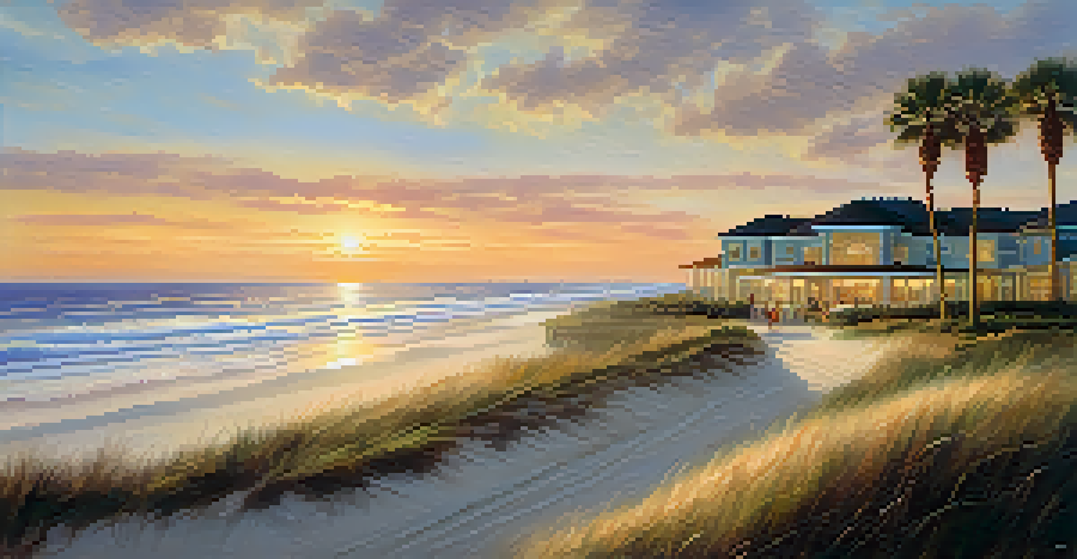 A picturesque beachside view with retirees biking along a coastal path during sunset.