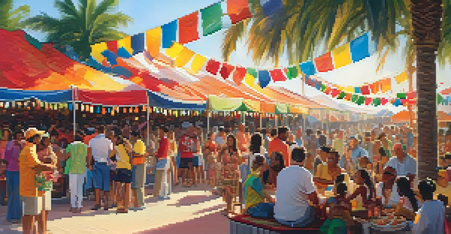 A family enjoying a cultural festival at a sports event in Florida, with food stalls, live music, and colorful decorations.