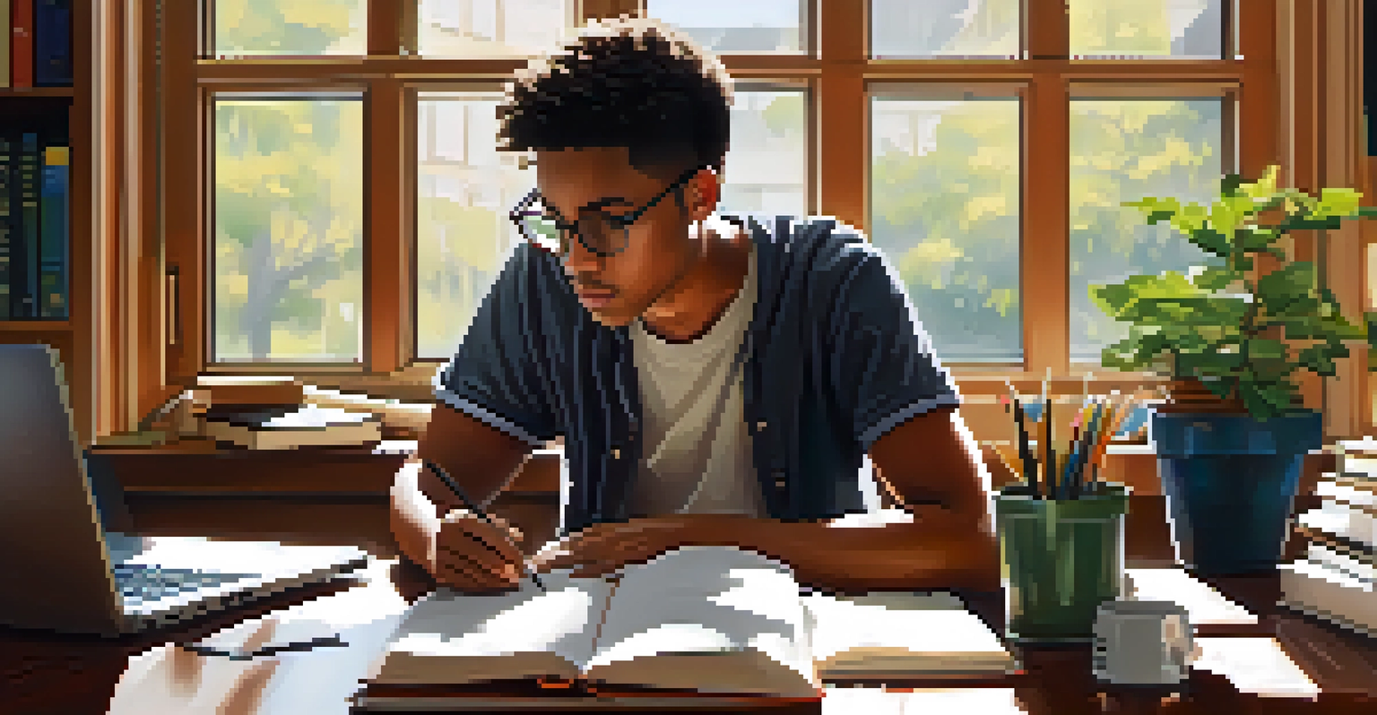 A college student studying in a cozy room, surrounded by books and notes, highlighting focus and the importance of a supportive study environment.