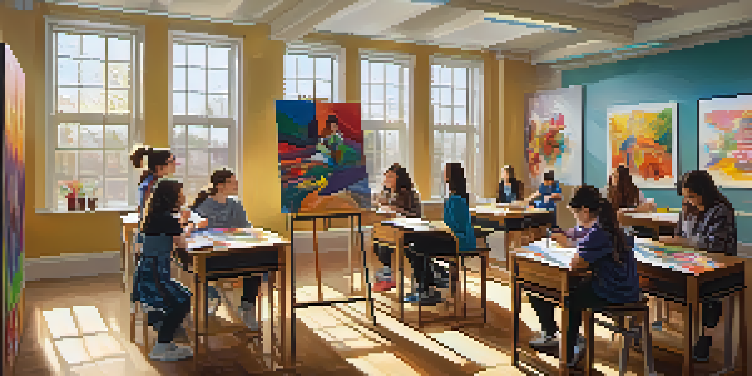 A bright classroom where students are actively participating in arts activities, including painting, sculpting, and performing.
