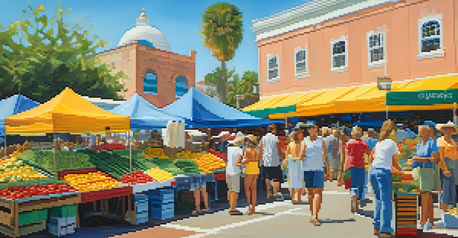 A busy Florida farmer's market with colorful stalls and shoppers enjoying fresh produce.