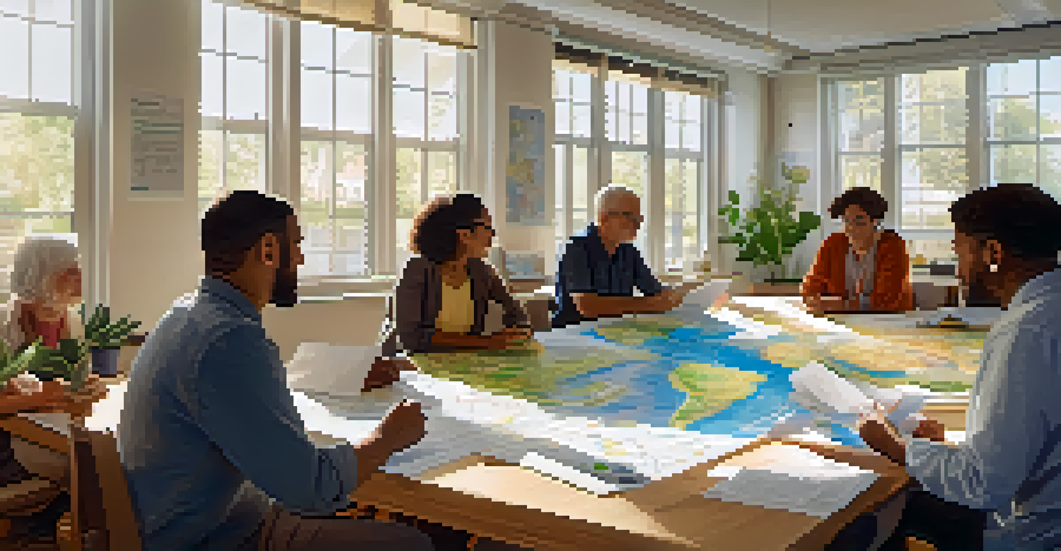 A community workshop with diverse residents discussing climate initiatives around a large table filled with charts and maps.