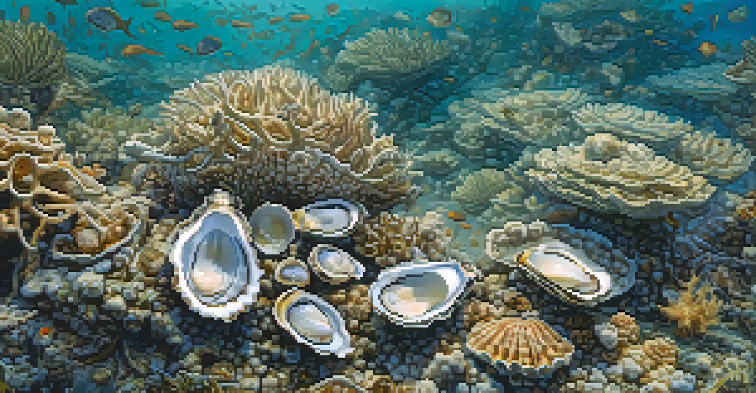 A close-up of oyster shells on the seafloor, with barnacles and small fish, illuminated by soft light.
