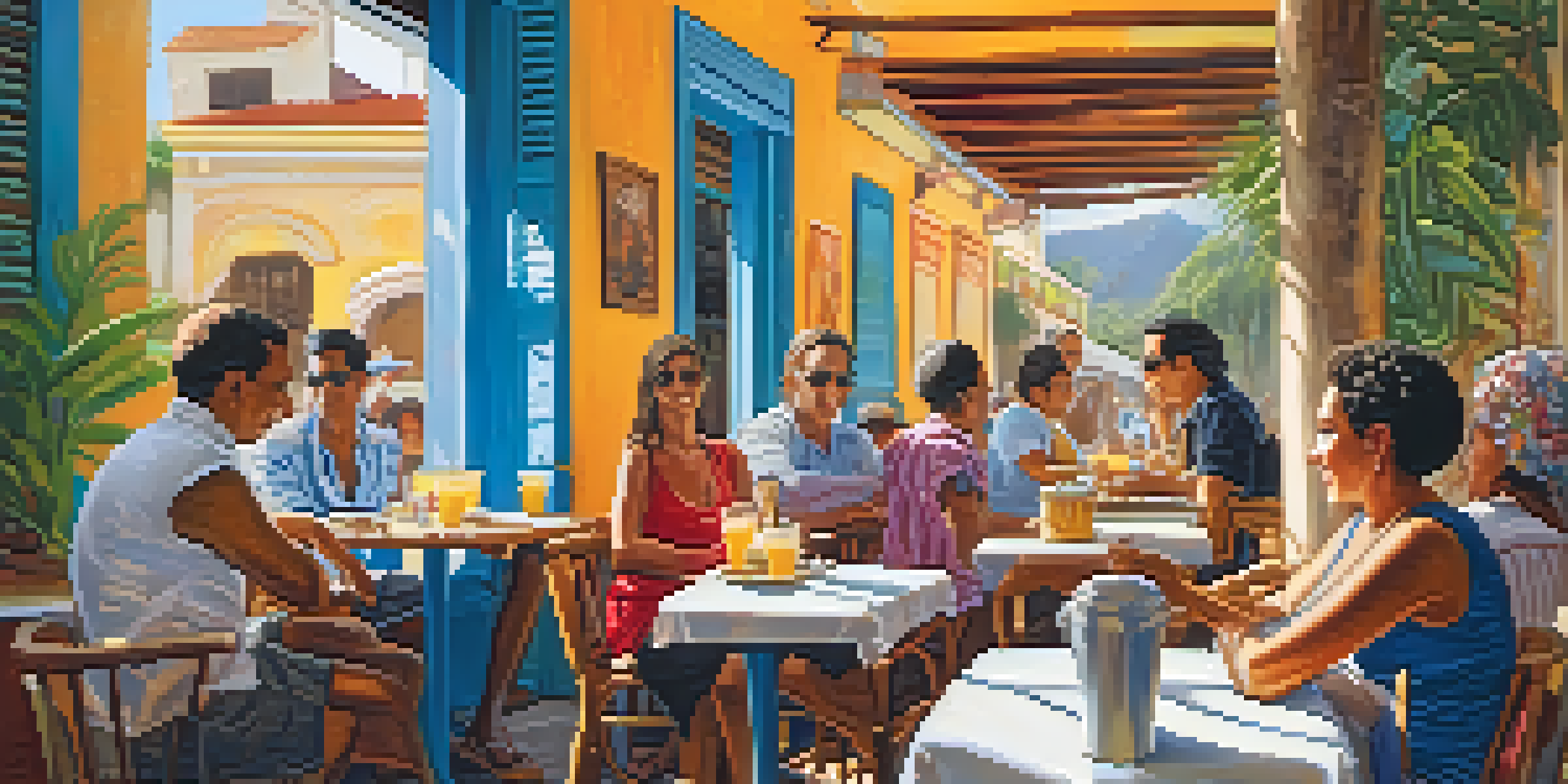 A lively scene in a Cuban café with friends enjoying coffee and pastries, surrounded by colorful decorations.