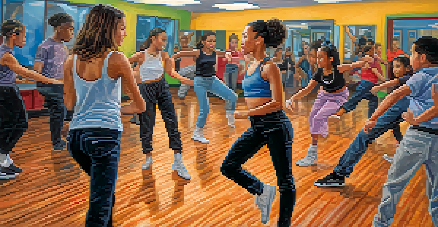 A youth dance class featuring young dancers learning Latin dance styles with an instructor.