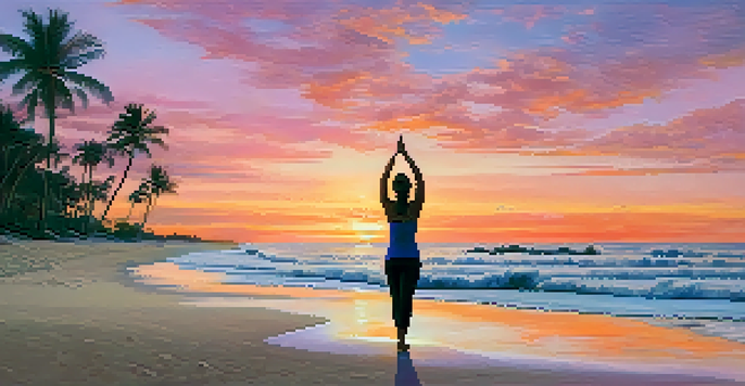 A person practicing yoga on a beach at sunset, with palm trees and colorful sky in the background.