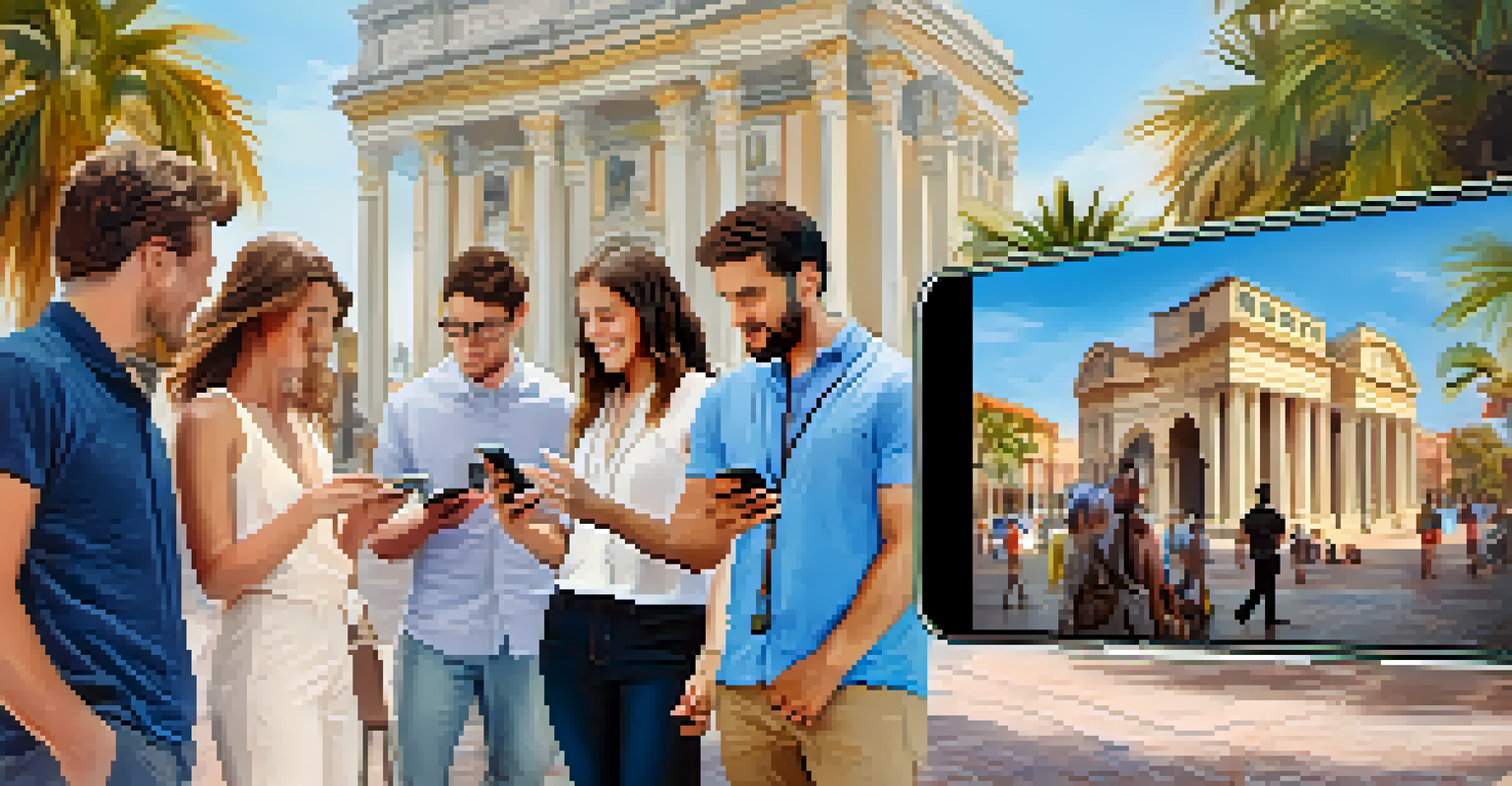 Tourists using augmented reality apps at a historical landmark in Florida, with digital overlays and a clear sky in the background.