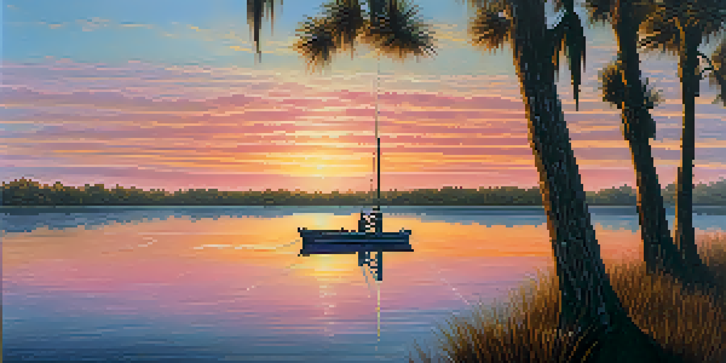 A fisherman casts a line into Lake Okeechobee at sunrise, with colorful skies and silhouetted trees in the background.