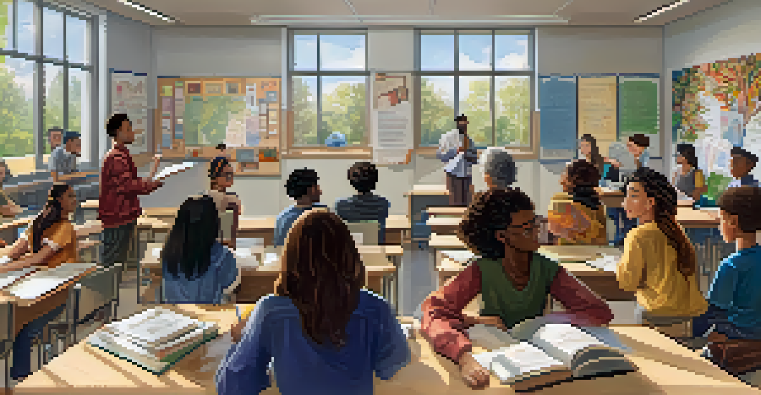 A professor teaching a diverse group of students in a bright classroom, with educational posters on the walls.