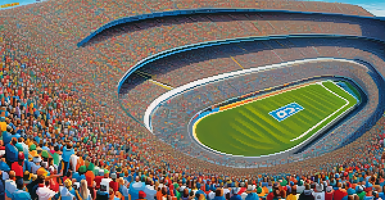 Aerial view of the Daytona 500 race with colorful cars on the track and cheering fans in the grandstands.