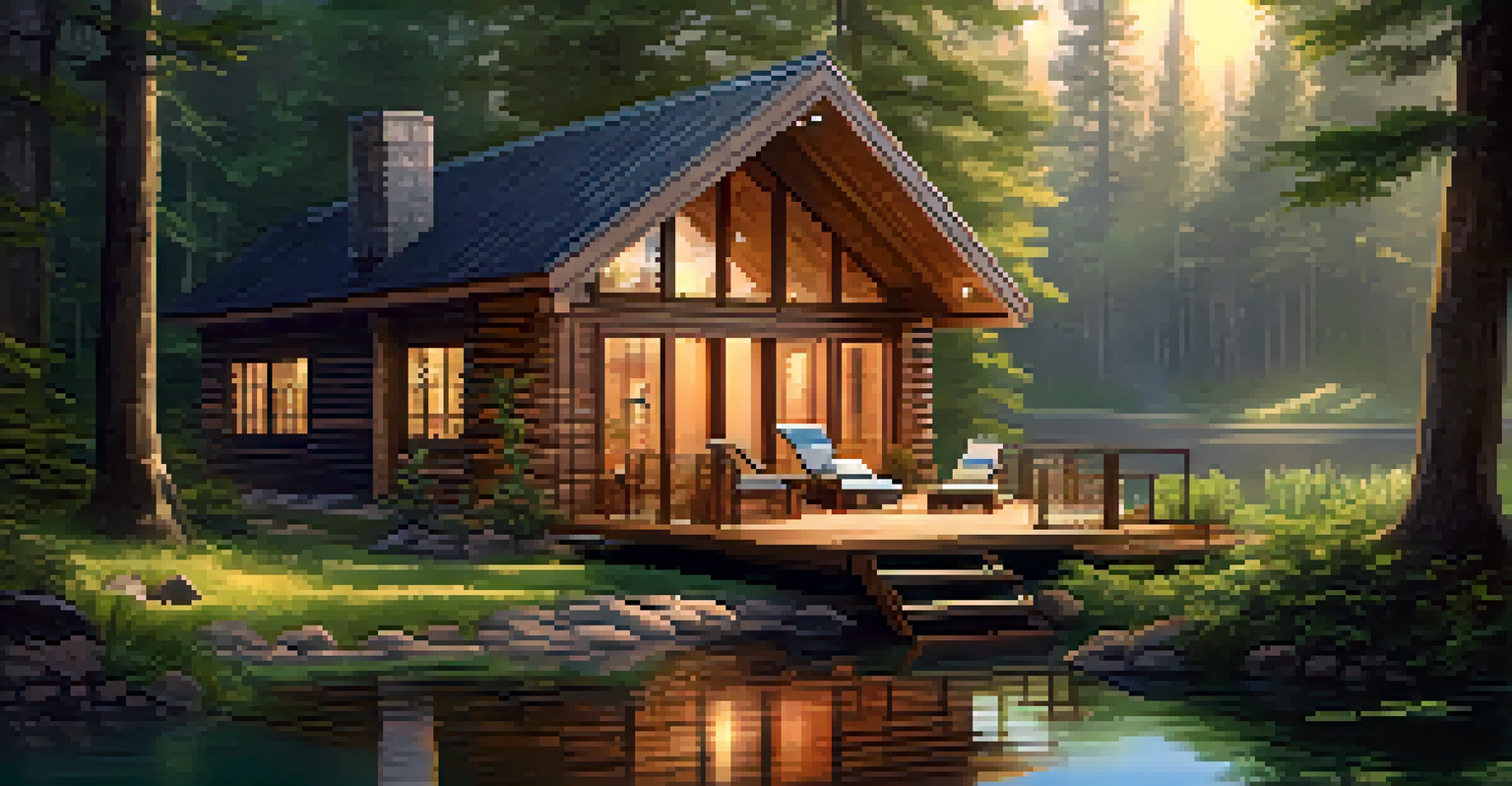 A wellness retreat with a wooden cabin and yoga deck in a forest setting, with people meditating.