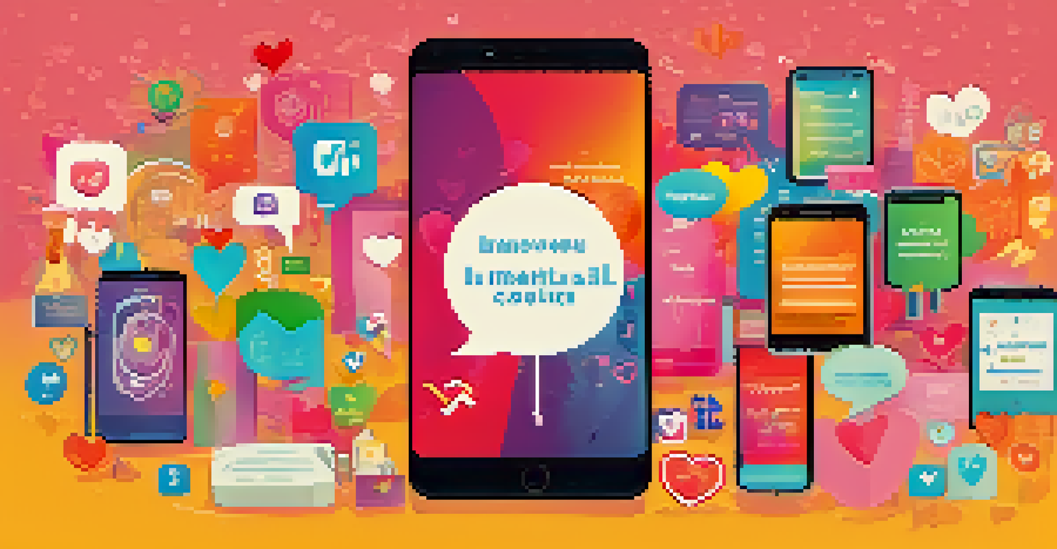 A smartphone displaying colorful social media posts about mental health awareness, surrounded by hearts and speech bubbles.