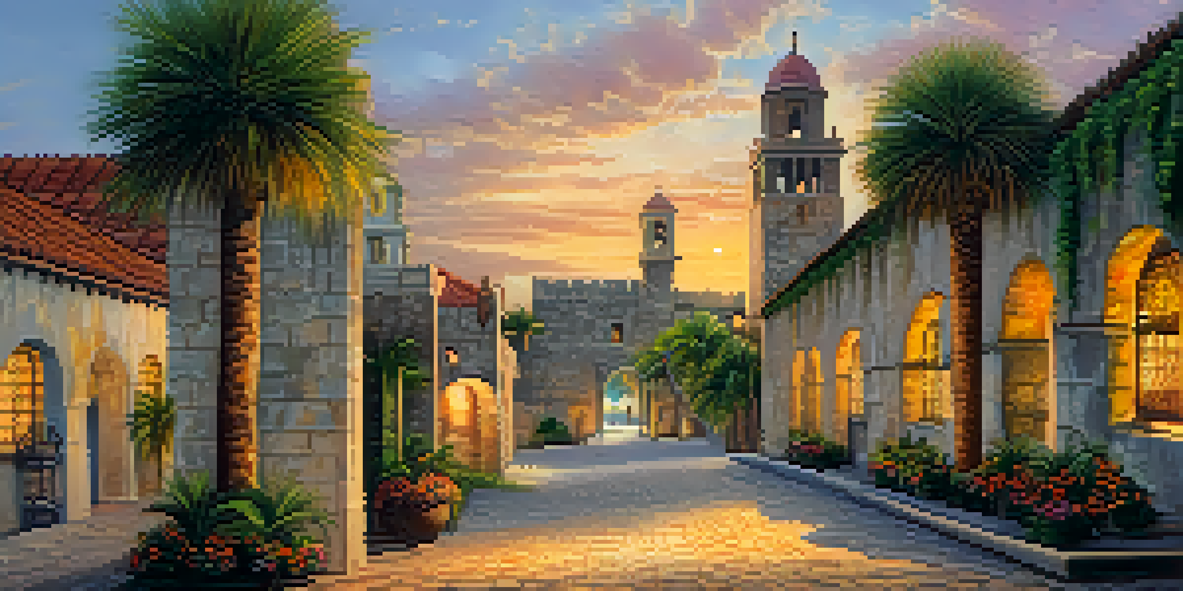 A sunset view of St. Augustine, showcasing the Castillo de San Marcos with palm trees and tourists on cobblestone streets.