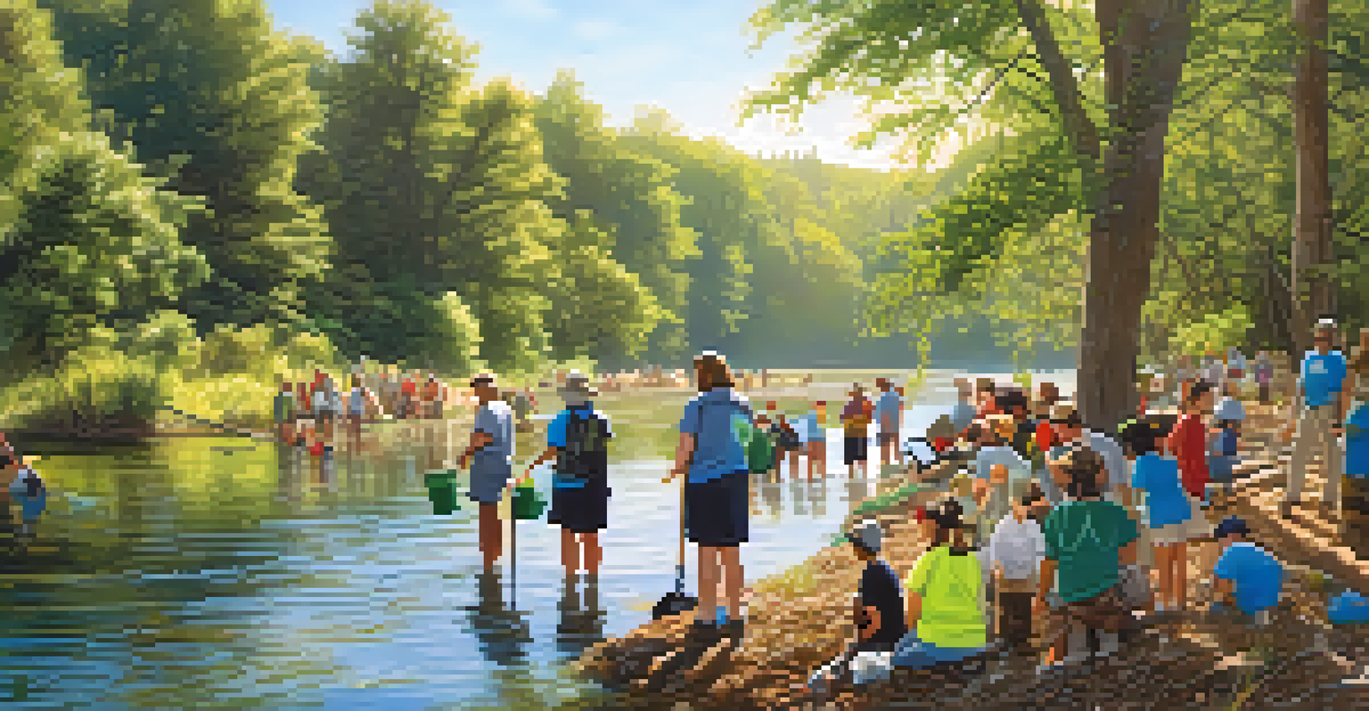 A community clean-up effort at a freshwater spring, with people gathering litter by the water, surrounded by trees and wildlife.
