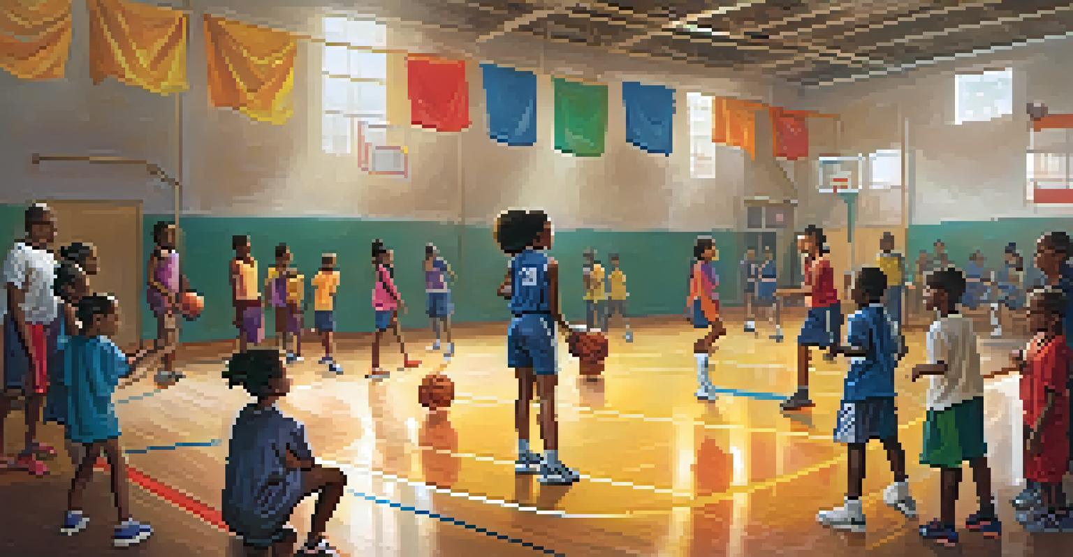 A coach guiding young athletes during a basketball practice session in a brightly lit gym, promoting teamwork.