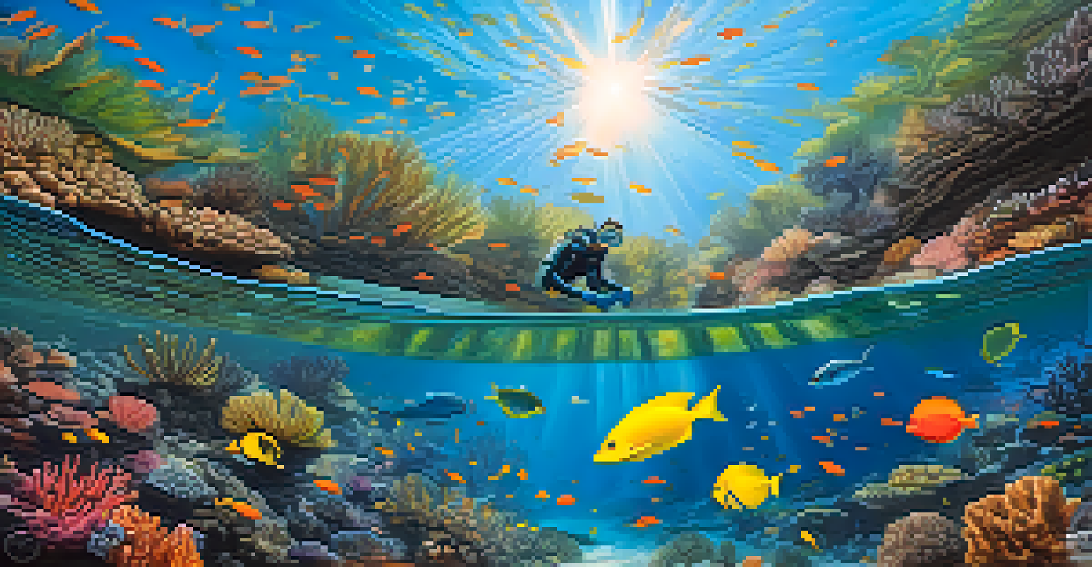 A diver surrounded by colorful coral reefs and fish in clear blue water.