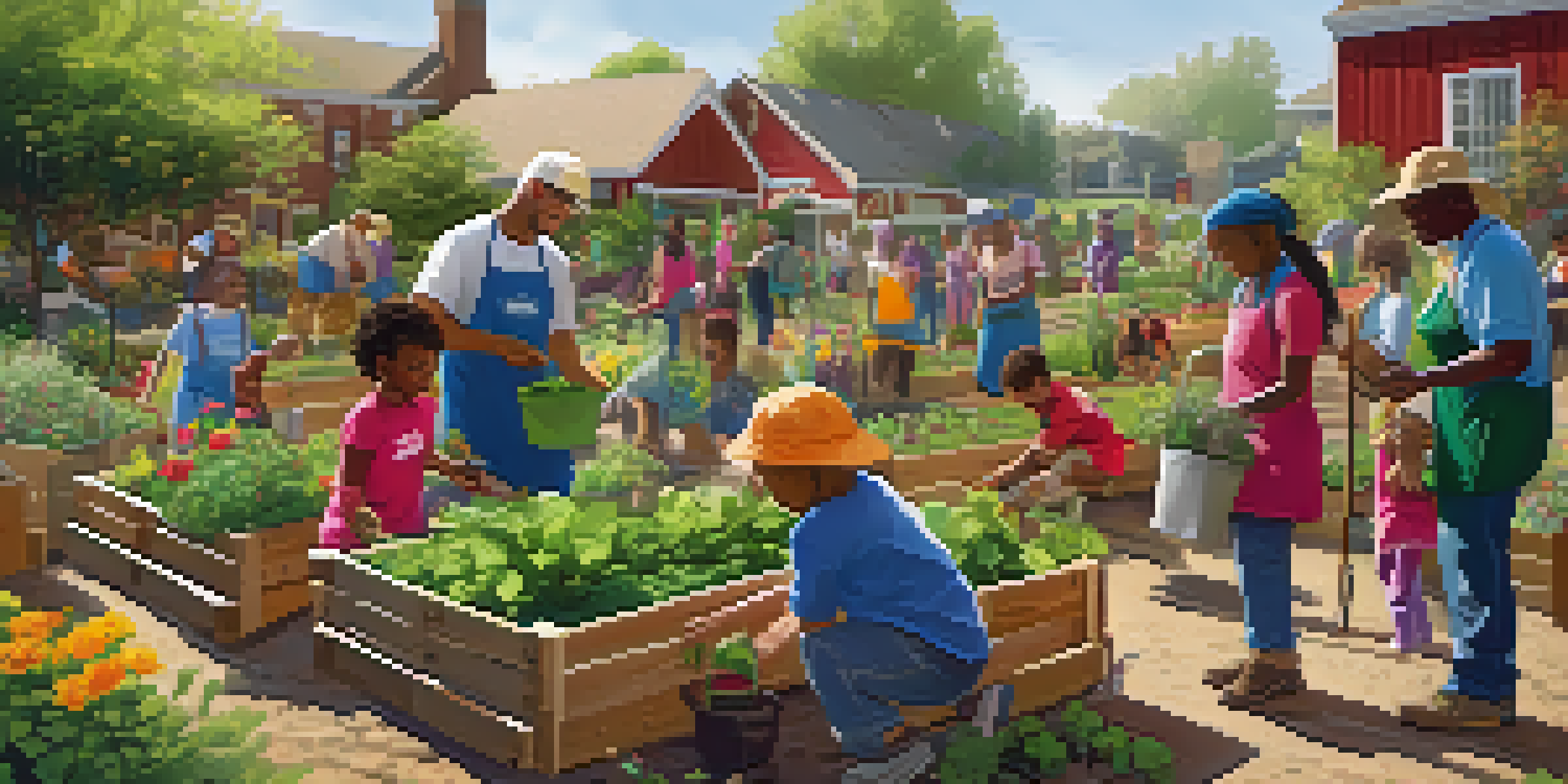 A diverse group of volunteers planting in a community garden under warm sunlight, with vibrant plants and children playing in the background.