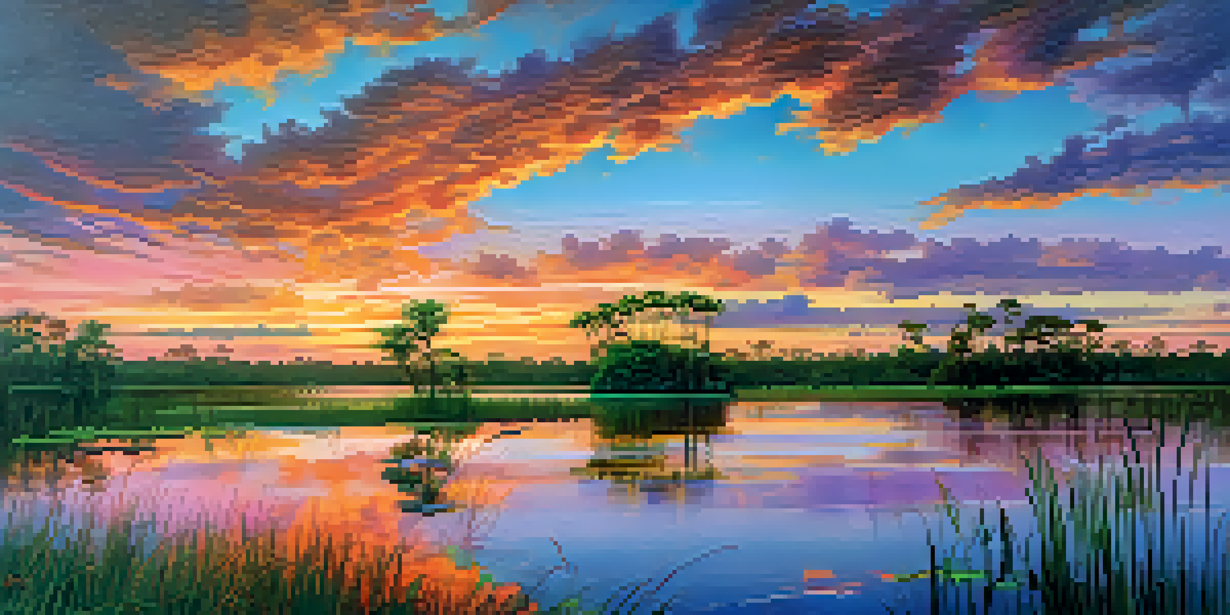 A beautiful sunset over the Florida Everglades, with cypress trees and colorful sky reflecting on the water.