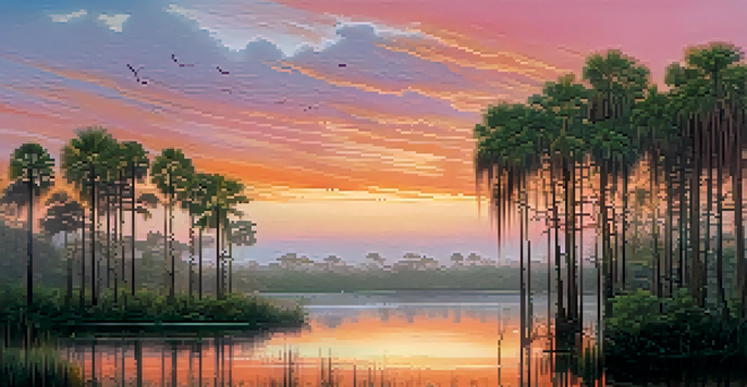 A tranquil view of the Florida Everglades at dawn with cypress trees, mist over the water, and wildlife including alligators and birds.