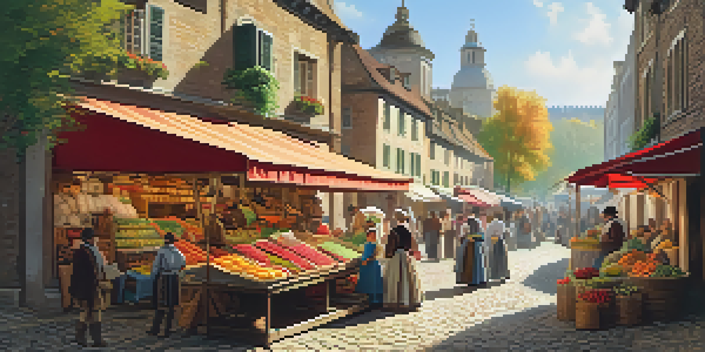 A lively 18th-century market filled with vendors in period costumes, selling goods under warm sunlight with families interacting.