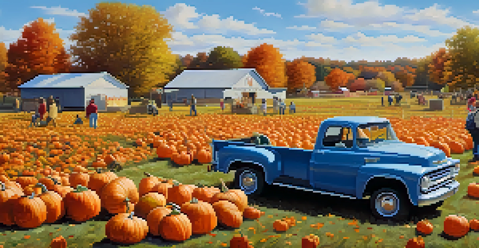 An autumn pumpkin patch in Florida with families enjoying the harvest festival, colorful foliage, and clear skies.