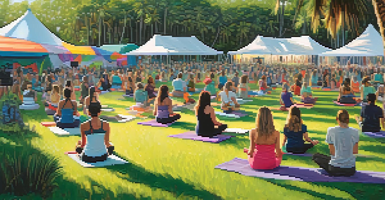 Attendees participating in a yoga workshop at the Okeechobee Music & Arts Festival, surrounded by art and nature.