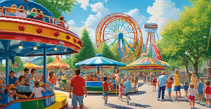 A family with two children enjoying a theme park, laughing and pointing at a roller coaster under a clear blue sky.