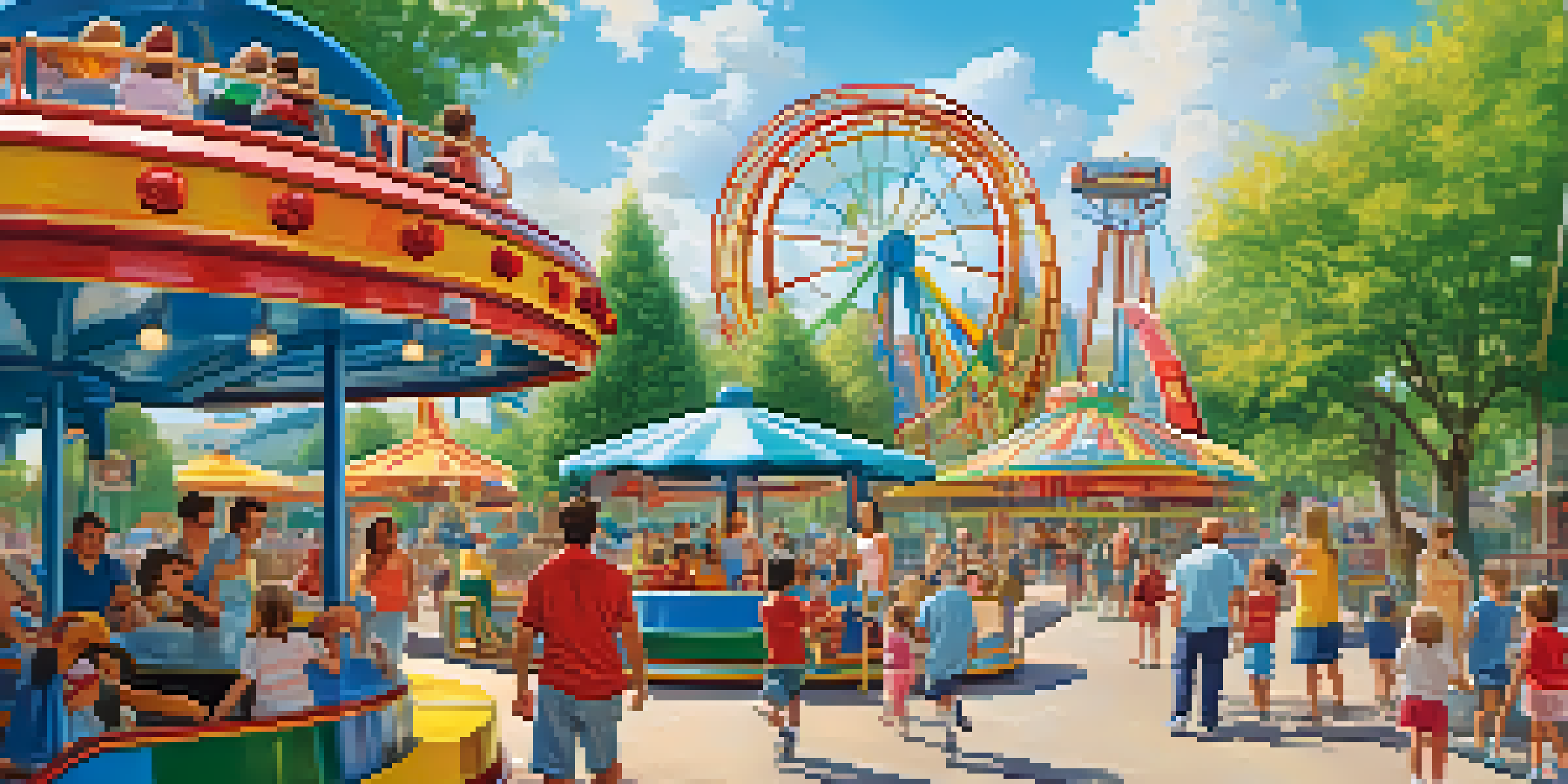 A family with two children enjoying a theme park, laughing and pointing at a roller coaster under a clear blue sky.