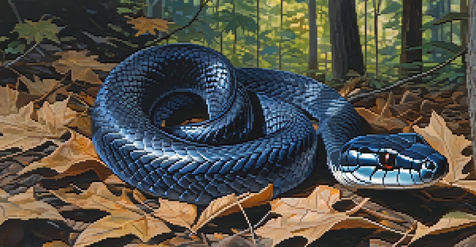 A close-up of an Eastern indigo snake on a forest floor, highlighting its shiny scales and the surrounding foliage.