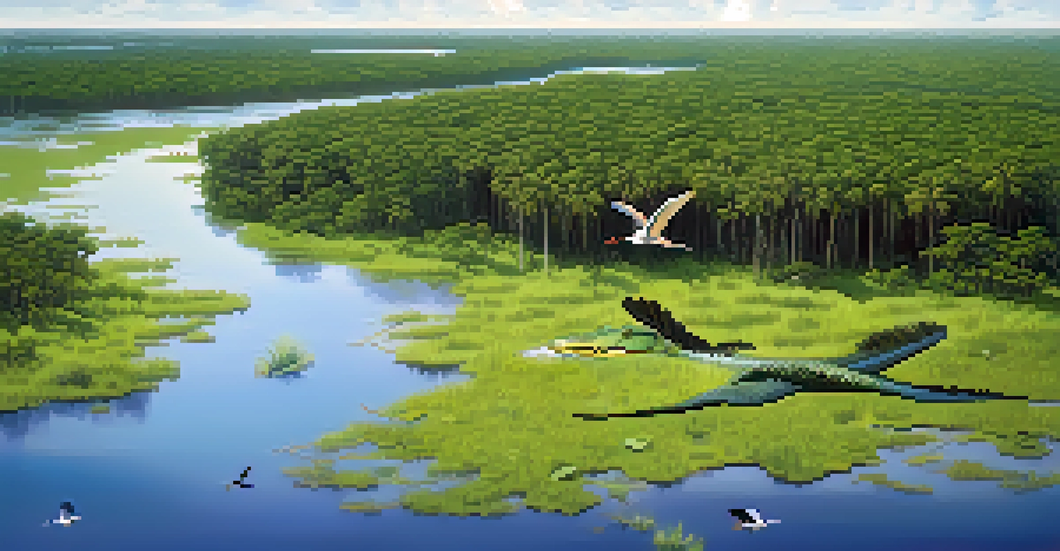 Aerial view of a vibrant Florida wetland, showcasing wildlife including an alligator and various birds among lush greenery.