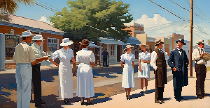 A historical scene depicting public health officials in early 20th-century Florida, promoting hygiene in a small town.
