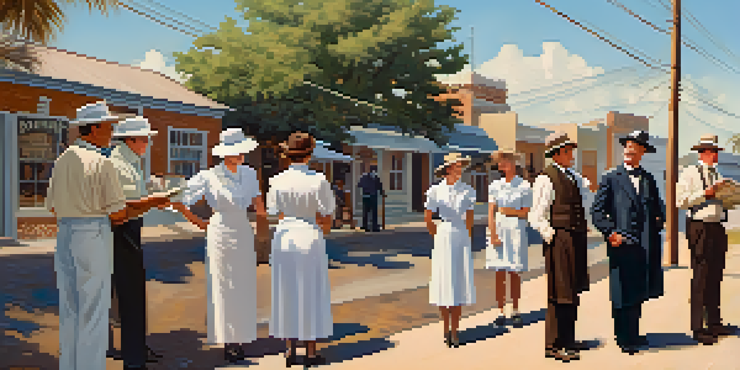 A historical scene depicting public health officials in early 20th-century Florida, promoting hygiene in a small town.