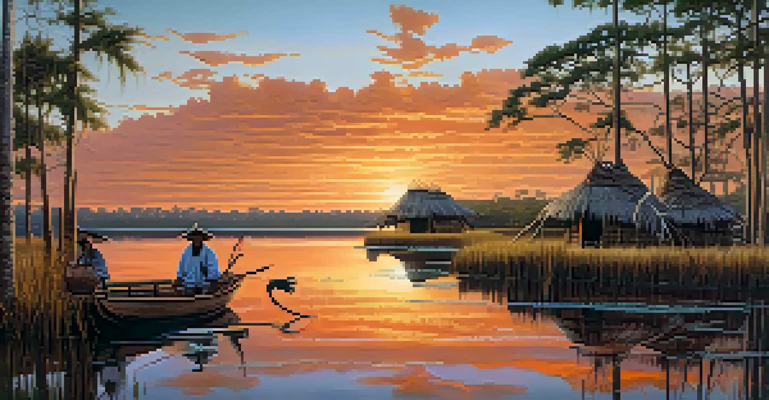 The Everglades at sunset with traditional Miccosukee crafts in the foreground, featuring woven baskets and beadwork, surrounded by cypress trees and colorful sky reflections.