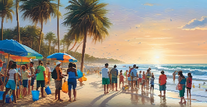 A diverse group of volunteers participating in a beach clean-up during sunset in Florida, surrounded by palm trees and ocean waves.