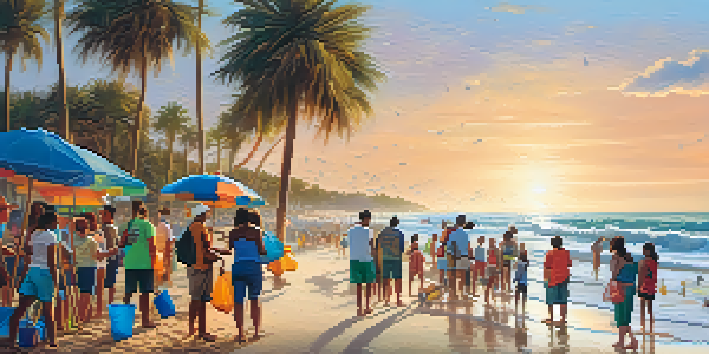 A diverse group of volunteers participating in a beach clean-up during sunset in Florida, surrounded by palm trees and ocean waves.