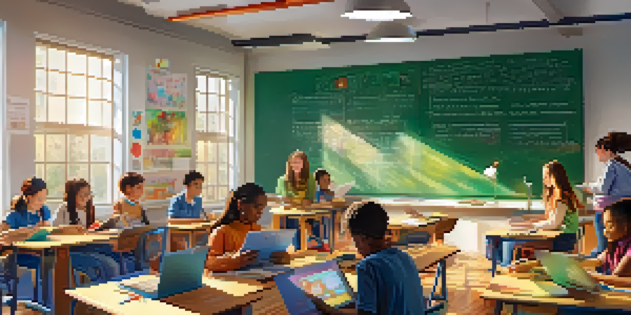 A classroom with diverse students actively participating in learning, using technology, and surrounded by educational materials.