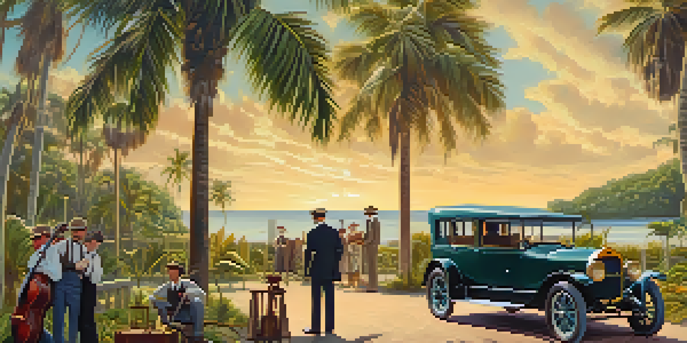 A vintage film set in Florida from the 1910s with old cameras and crew members in period clothing, surrounded by lush greenery and soft golden morning light.