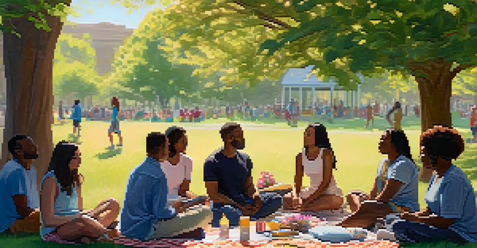 A diverse group of people engaged in a mental health awareness workshop in a sunny park, sitting on picnic blankets surrounded by nature.