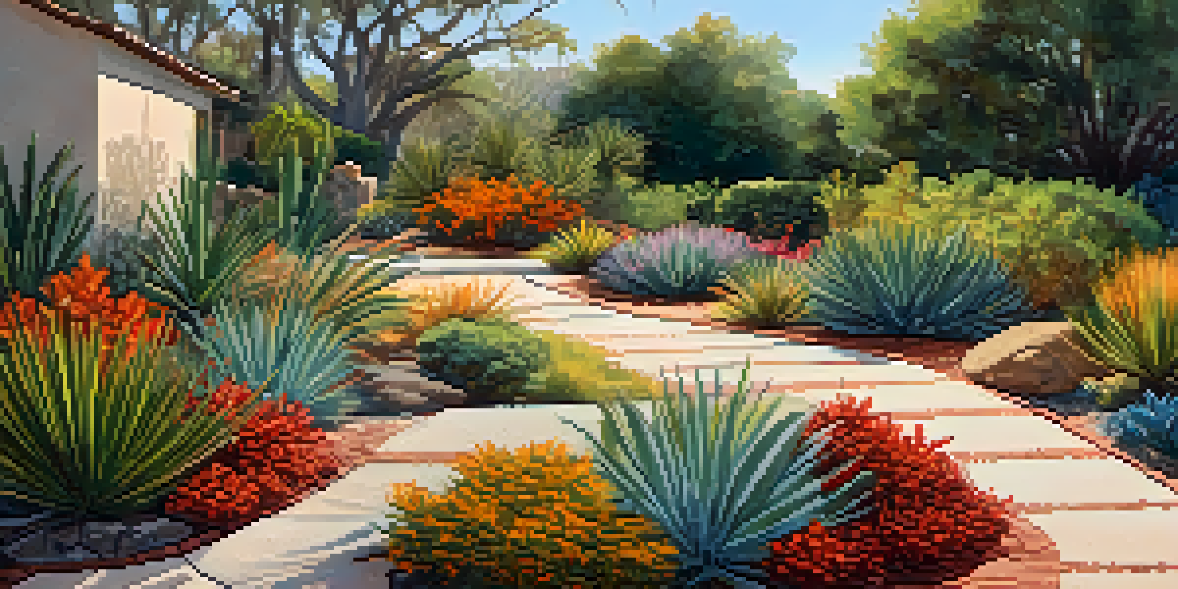 A colorful xeriscaped garden in Florida with drought-tolerant plants and a pathway, illuminated by warm morning sunlight.