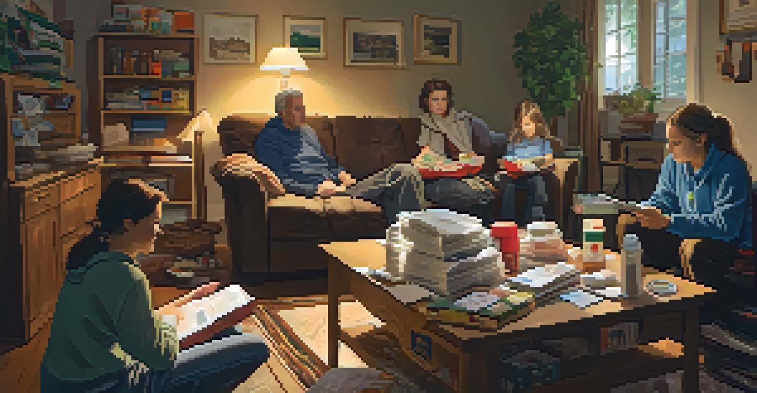 A family discussing their emergency plan in a cozy living room filled with emergency supplies.