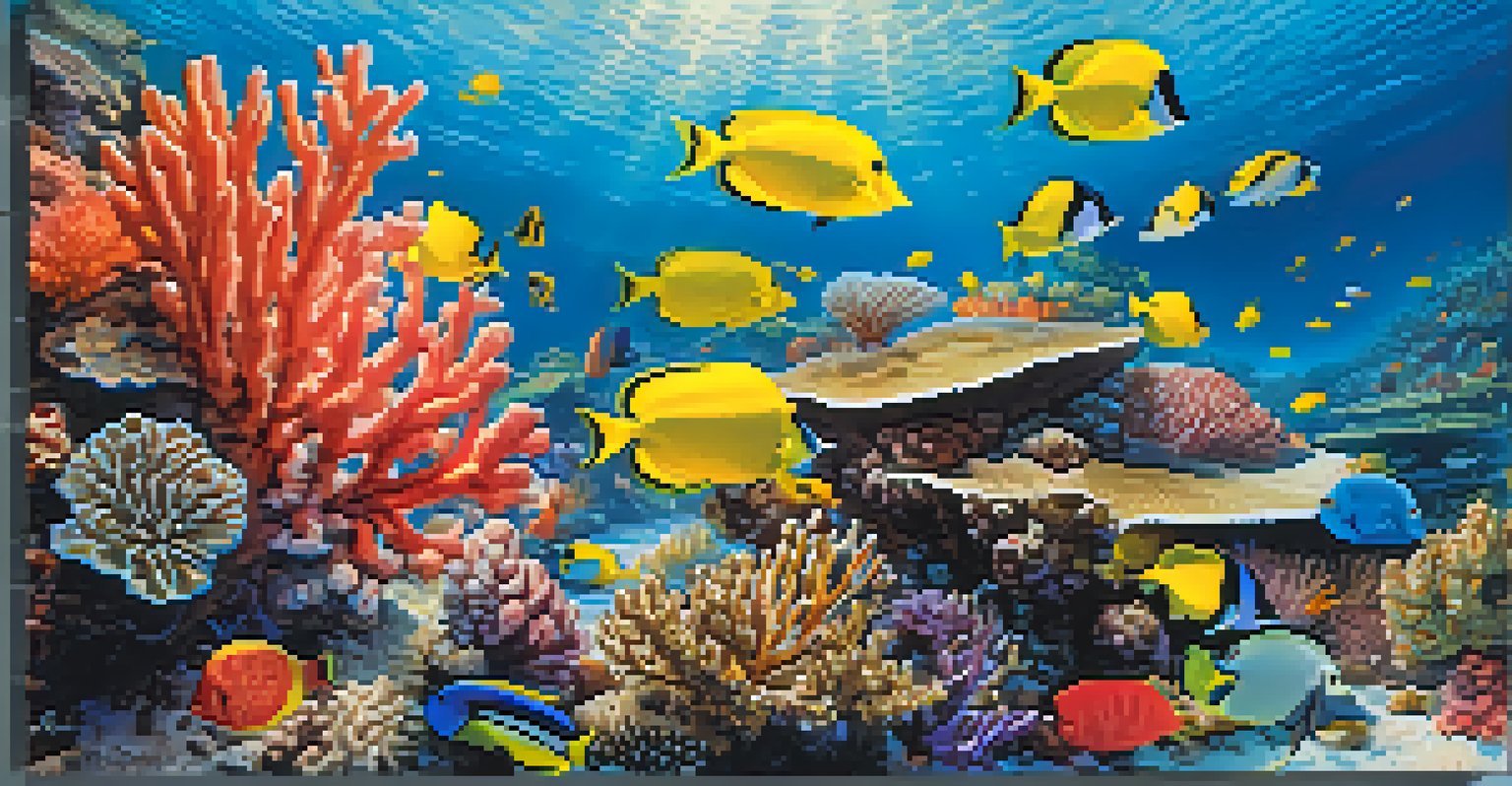 A close-up view of a colorful coral reef in Florida, filled with diverse fish and illuminated by sunlight.
