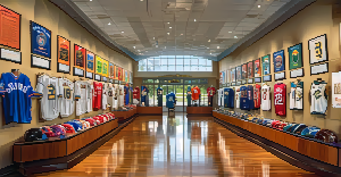 An interior view of the Florida Sports Hall of Fame featuring sports memorabilia, light streaming through windows.