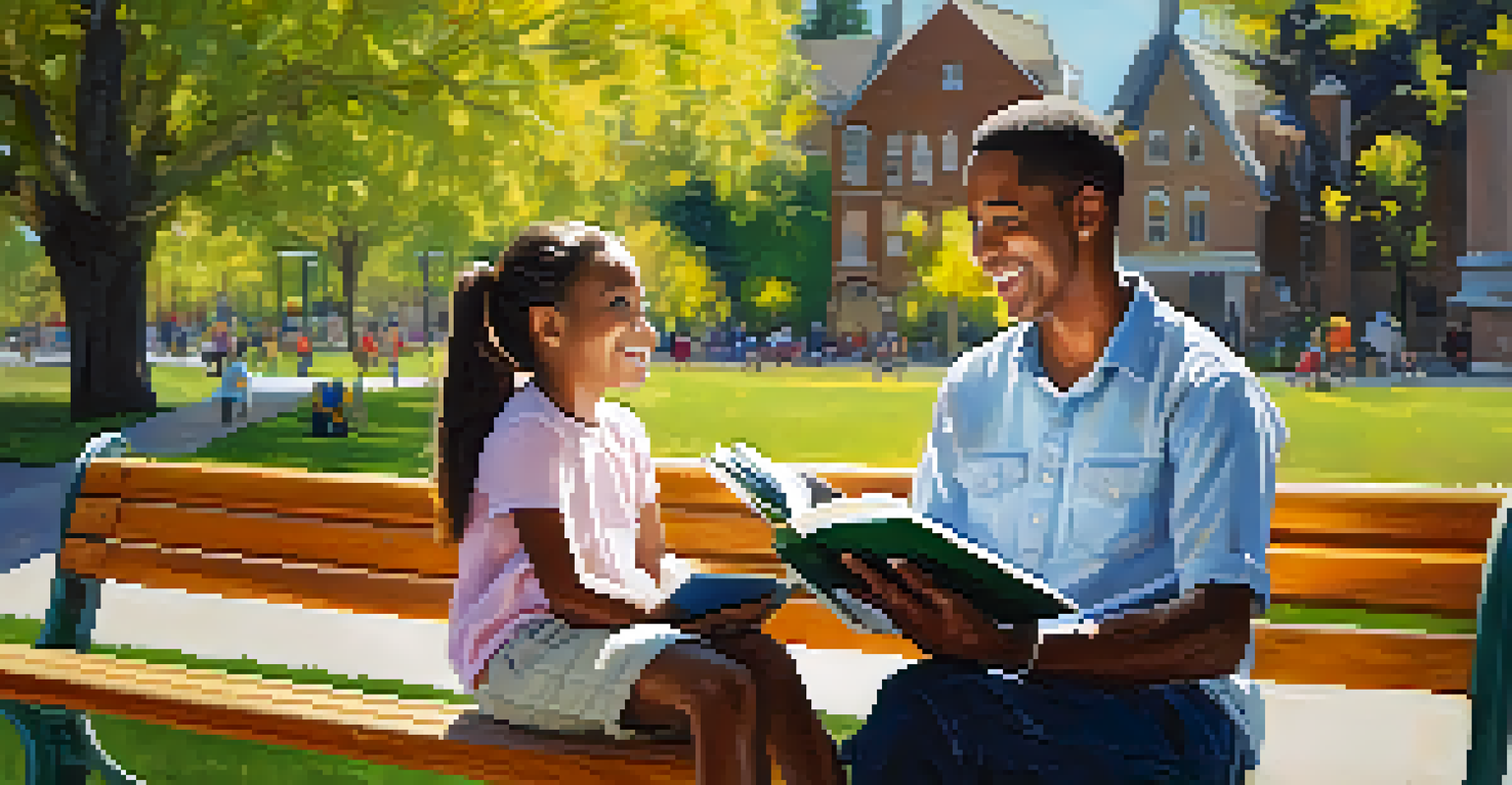 A mentor and young child happily engaged in conversation on a park bench, surrounded by a sunny park with flowers.