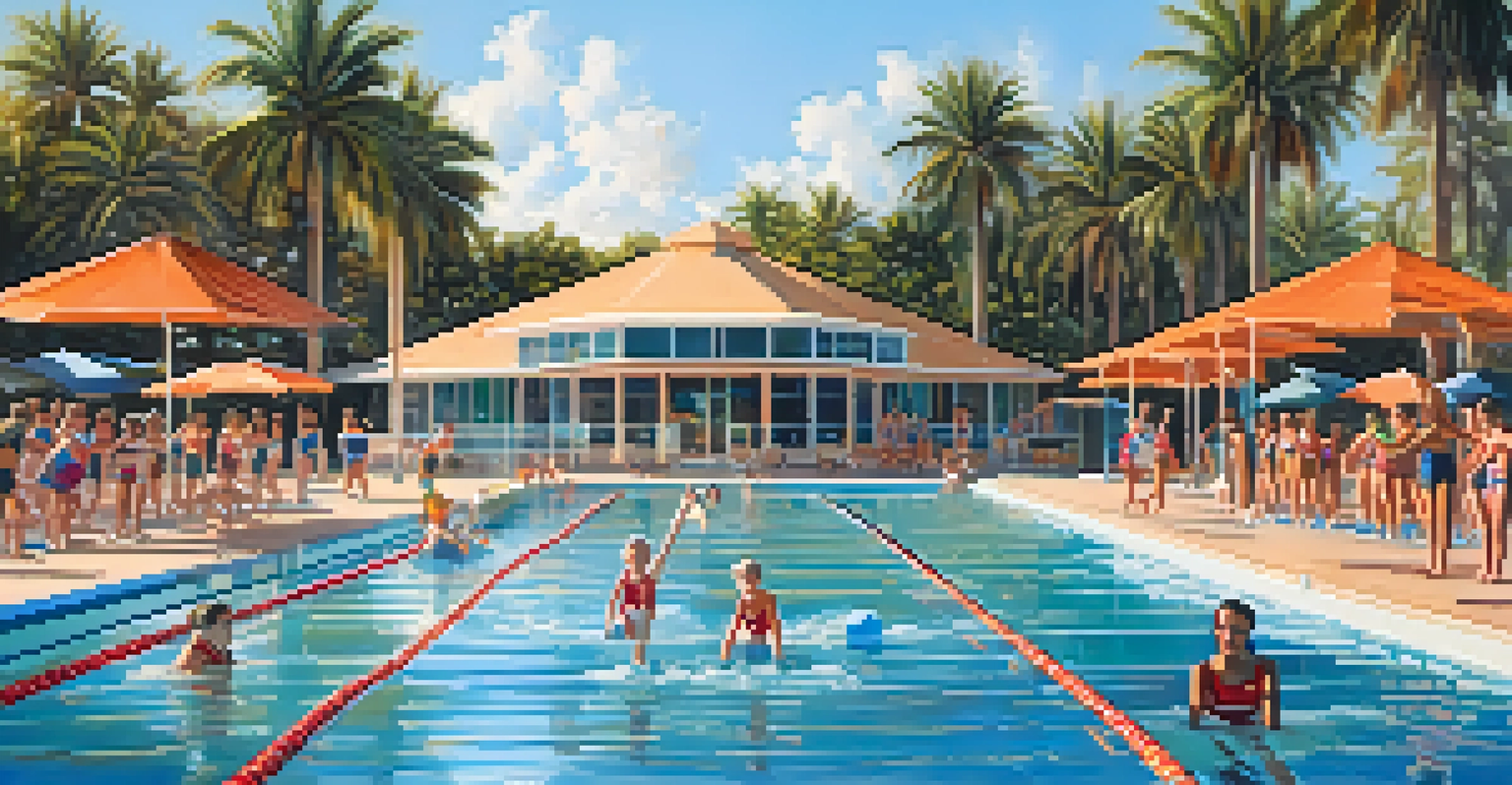 Children practicing synchronized swimming in a bright, sunlit community pool surrounded by palm trees in Florida.