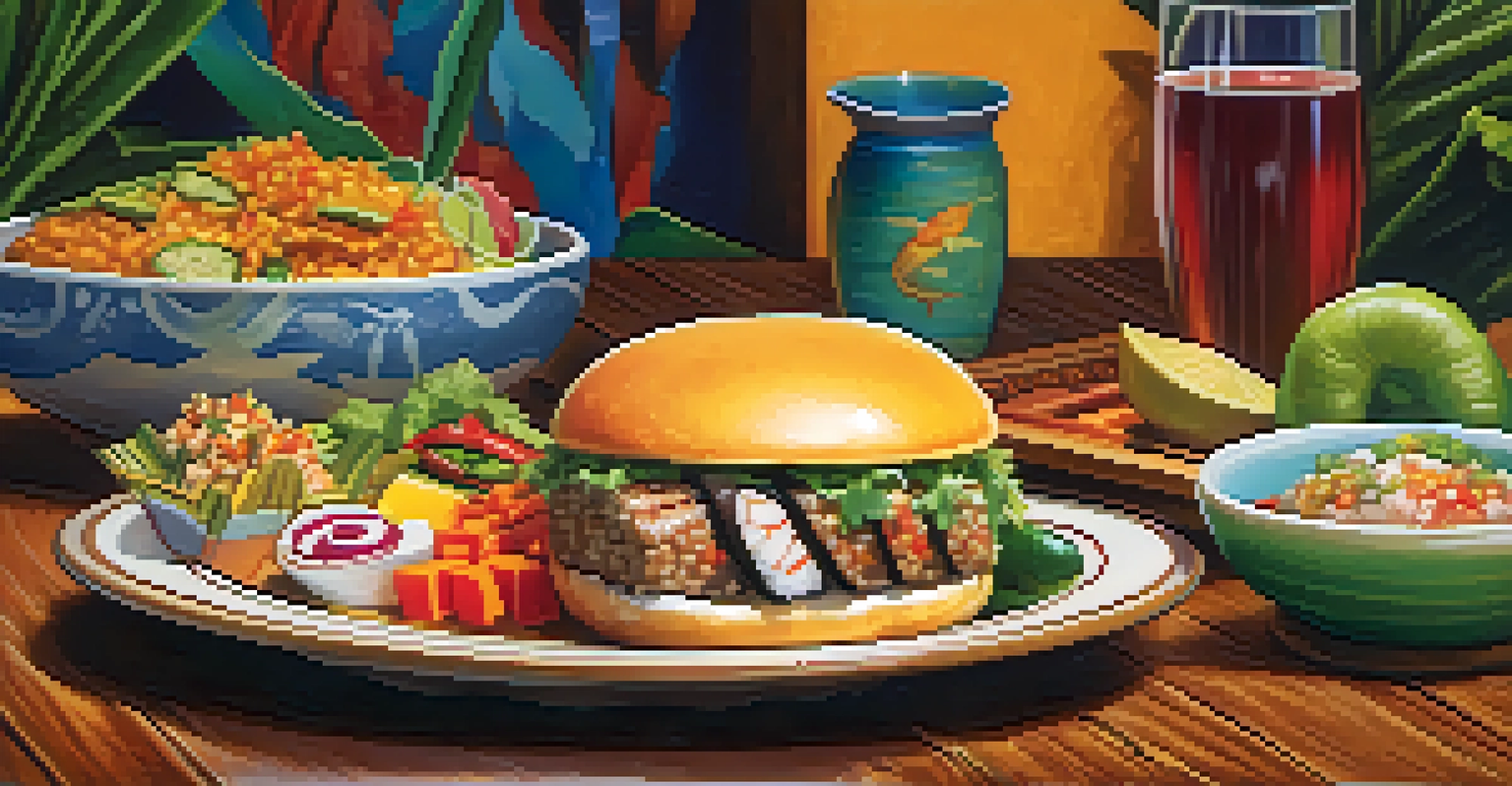 A plate of innovative fusion dishes including a sushi taco and plantain burger in a colorful restaurant setting.
