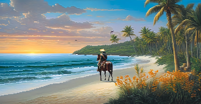 Juan Ponce de León arriving on the coast of Florida in 1513, surrounded by blooming flowers and palm trees during sunset.