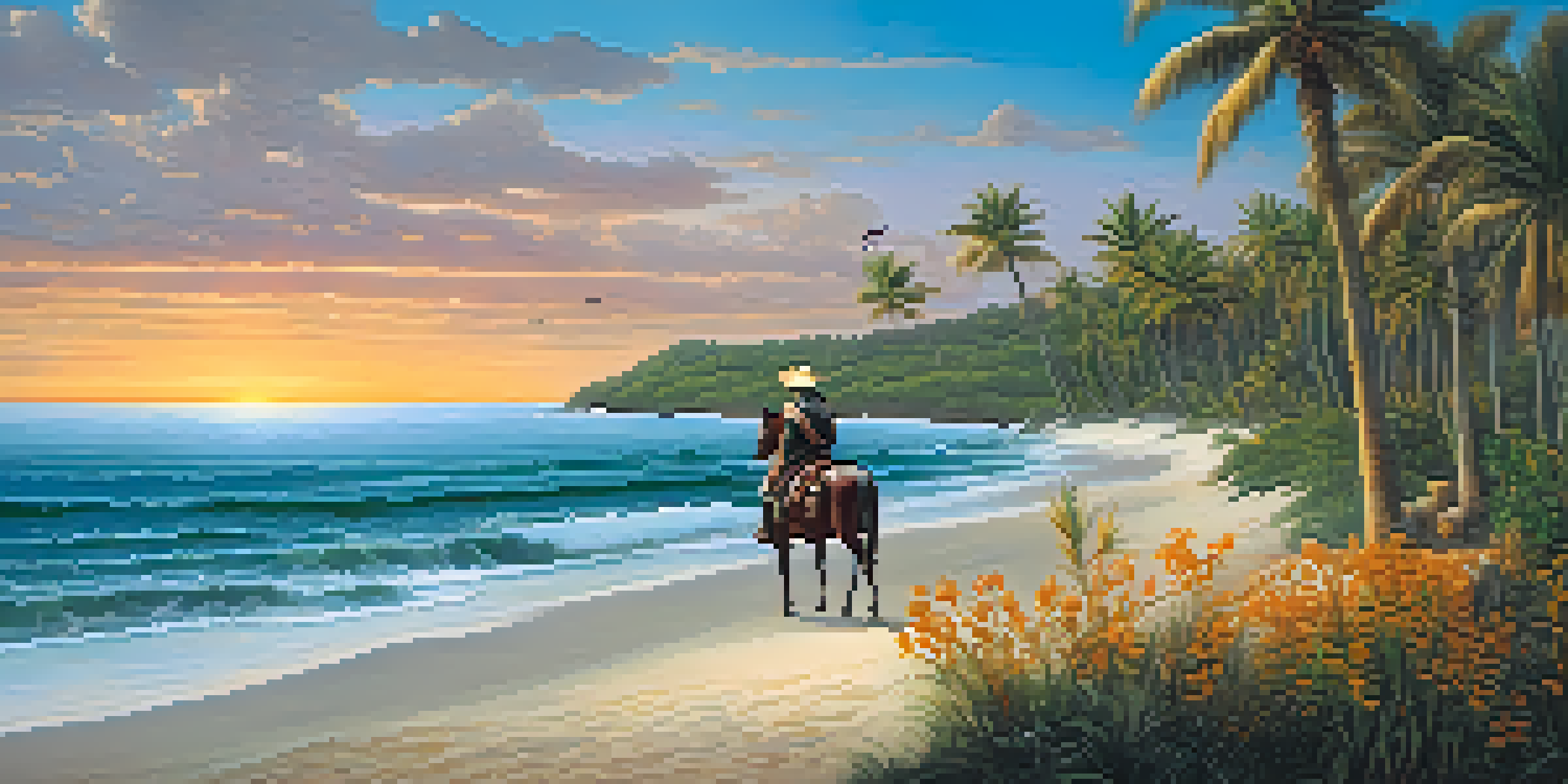 Juan Ponce de León arriving on the coast of Florida in 1513, surrounded by blooming flowers and palm trees during sunset.