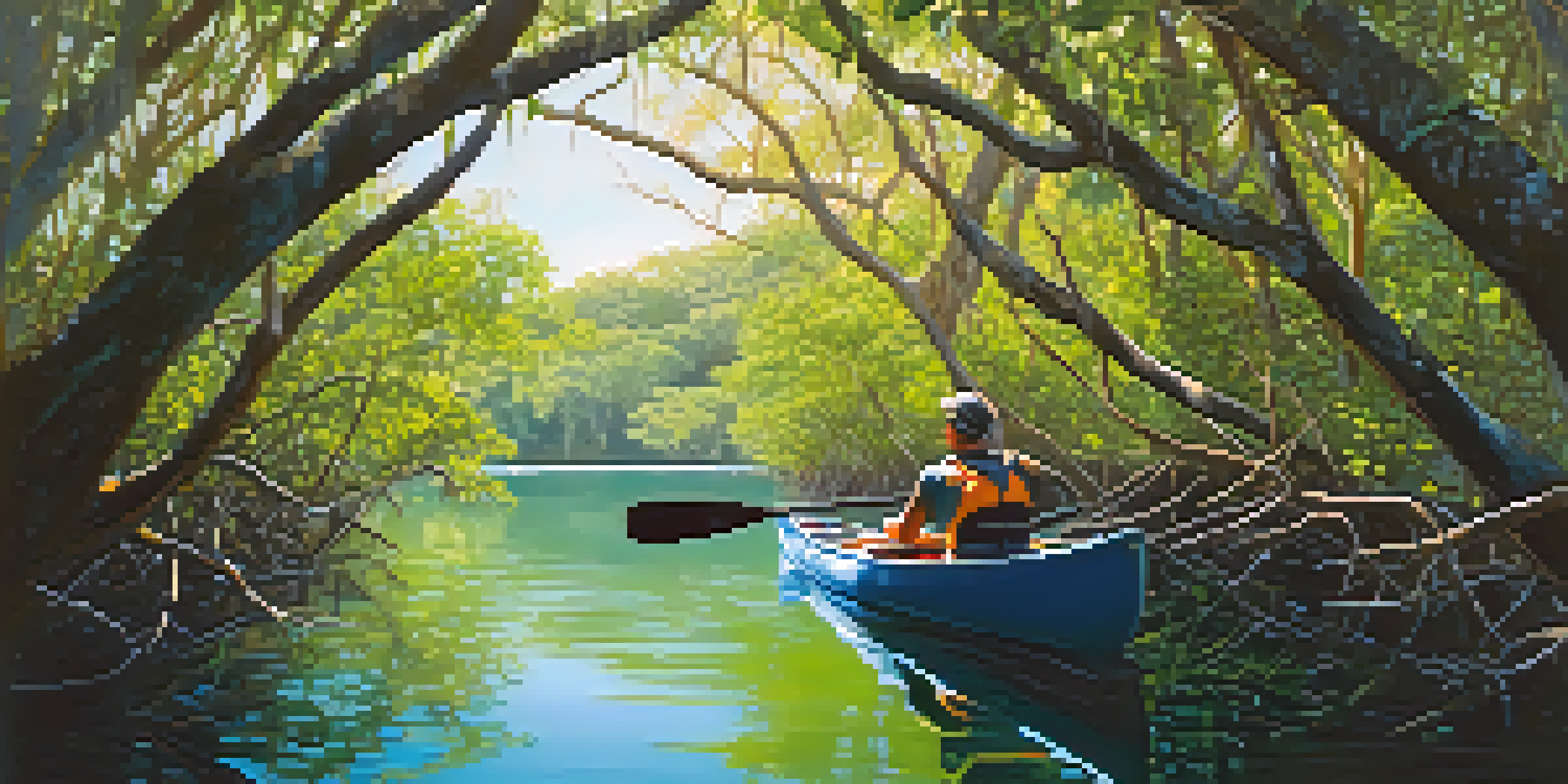 A kayaker navigating through a green mangrove tunnel with sunlight shining down and birds in the trees.