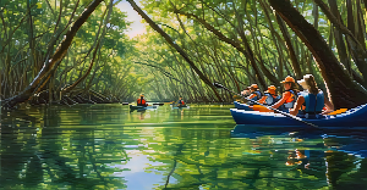 Tourists kayaking in a mangrove forest in Florida, crystal clear water, green foliage, and sunlight filtering through the leaves.