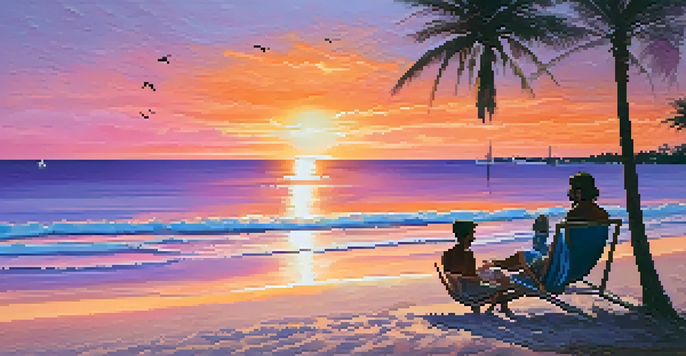 A peaceful Florida beach at sunset with vibrant colors in the sky, palm trees, and a couple having a picnic on the sand.